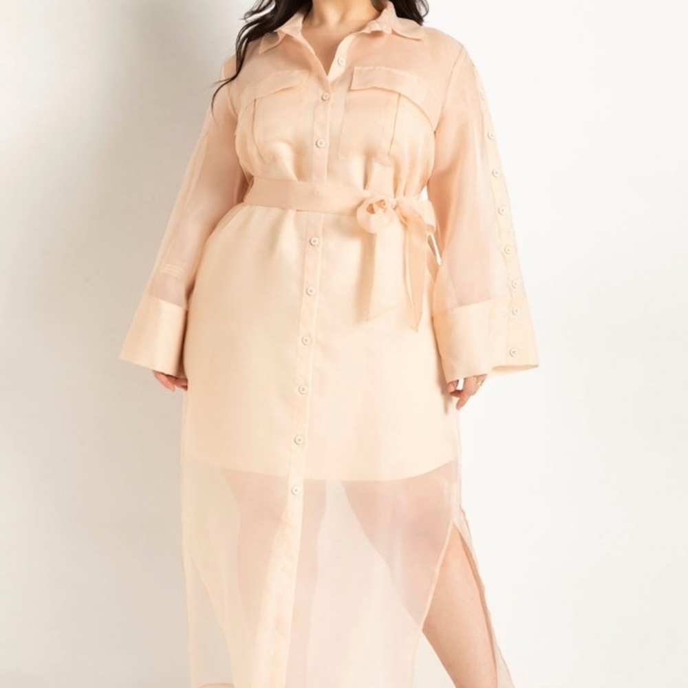 Eloquii Sheer Belted Shirt Dress in Soft Peach